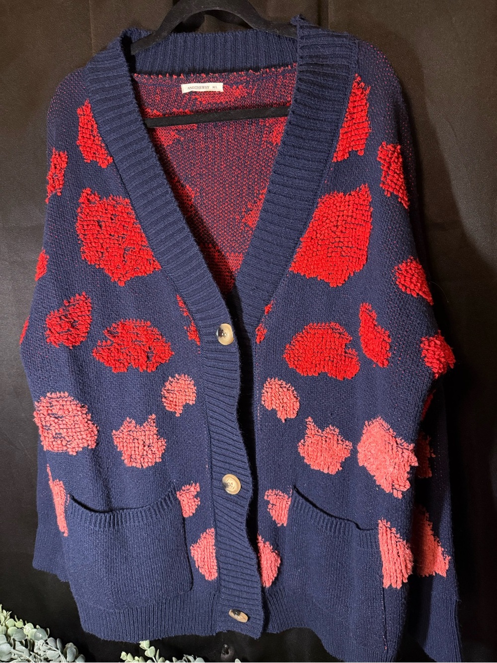Large grandpa cardigan Navy with red and pink leopard print Cardigan Sweater